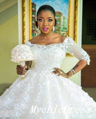 African Wedding Dresses Lace Half Sleeves Applique Ball Gown Bridal Gowns MyChicDress