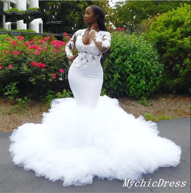 African White Mermaid Wedding Dresses Long Sleeve Lace Bridal Gown MyChicDress