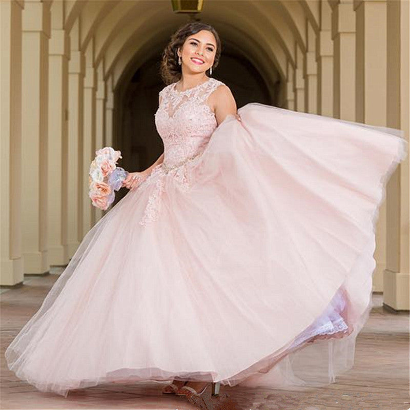 Appliques Jewel Sleeveless 15 Dresses Long Pink Quinceanera Dresses MyChicDress