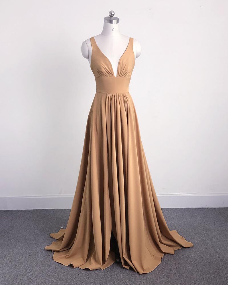 Backless Long Beach V-Neck Gold Bridesmaid Dresses Slit Side MyChicDress