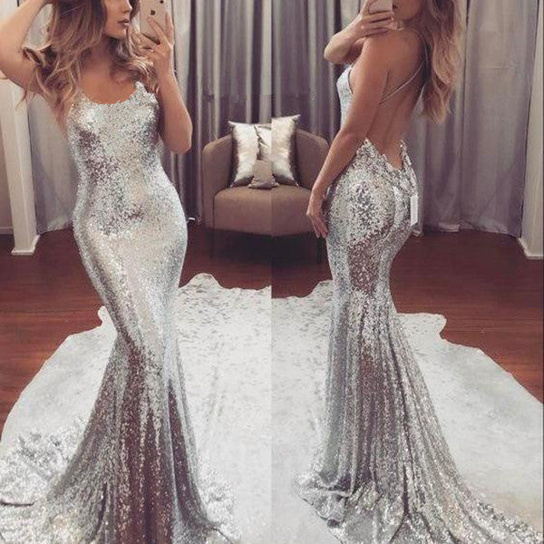 Backless V-Neck Mermaid Silver Sequin Prom Dresses Long MyChicDress