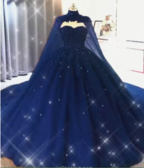 Ball Gown 2025 Navy Blue Tulle Lace Crystals Quinceanera Dresses With Cape MyChicDress