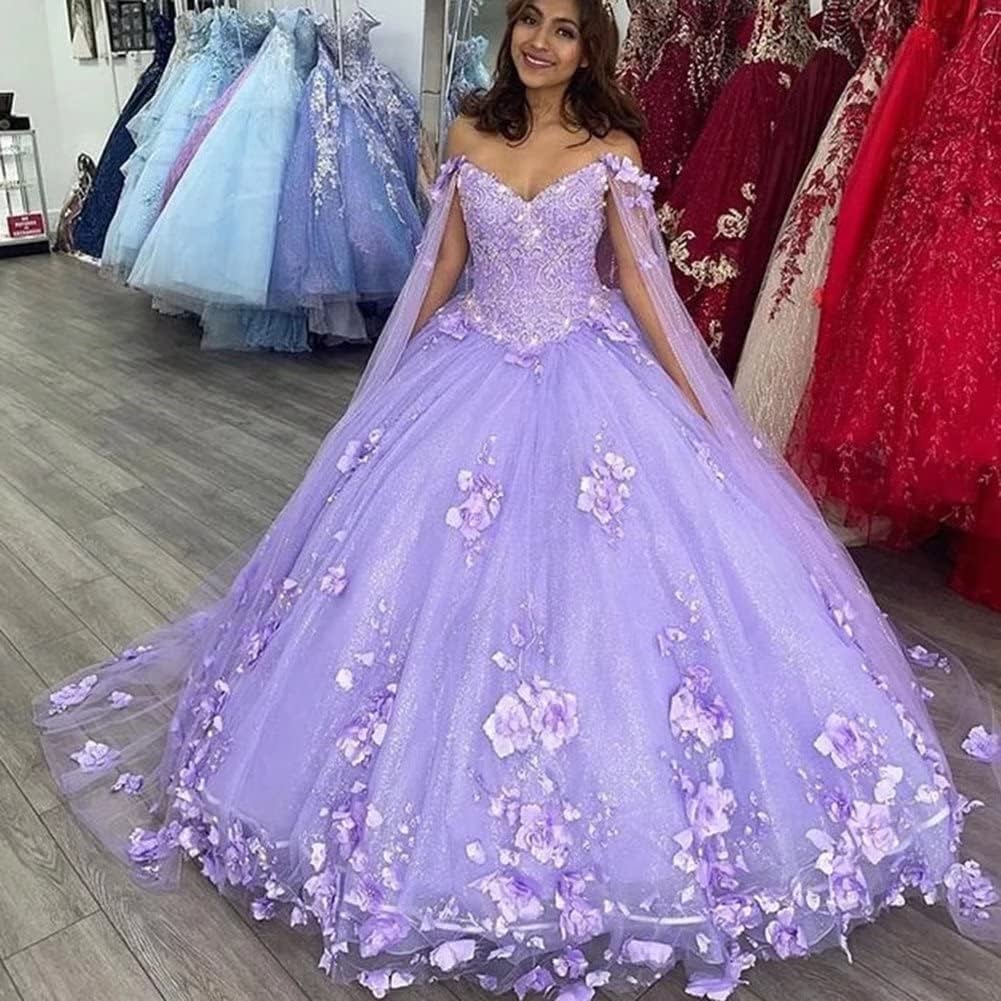 Ball Gown 2025 Quinceanera Dresses Purple With Cape 3D Flowers Tulle Sweetheart MyChicDress