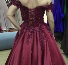 Ball Gown Burgundy Satin Wedding Dresses Off the Shoulder Bridal Wear MyChicDress