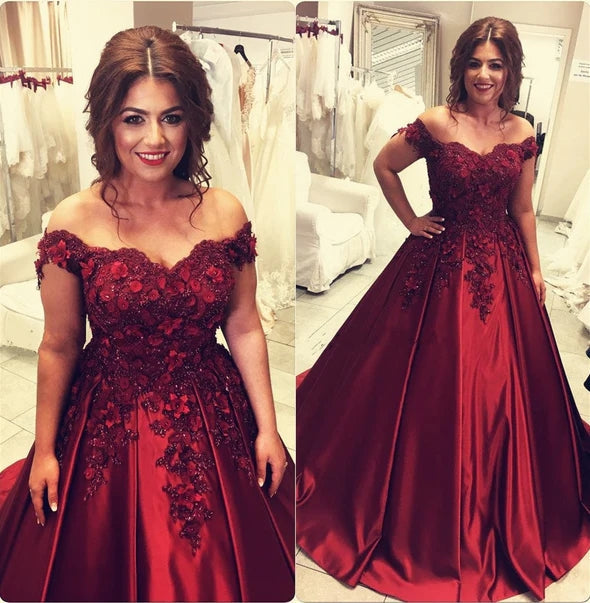 Ball Gown Burgundy Satin Wedding Dresses Off the Shoulder Bridal Wear MyChicDress