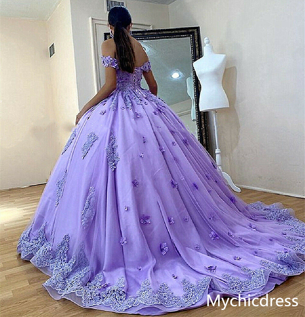 Ball Gown Lace Applique Lilac Quinceanera Dresses Off Shoulder Sweet 16 Dresses MyChicDress