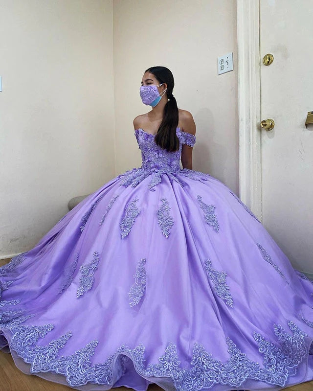 Ball Gown Lace Applique Lilac Quinceanera Dresses Off Shoulder Sweet 16 Dresses MyChicDress