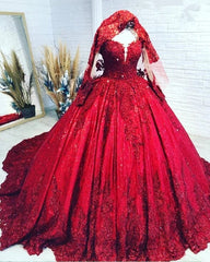 Ball Gown Long Sleeves Sequins Lace Red Wedding Dress Gliter Quinceanera Dress MyChicDress