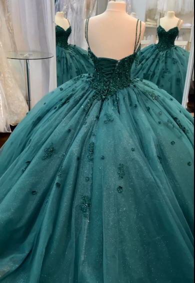 Ball Gown Beaded Green Quinceanera Dress Spaghetti Straps Graduation D ...