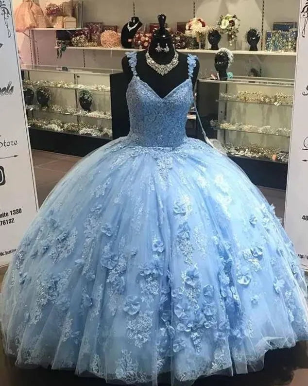 Ball Gown Light Blue Quinceanera Dresses 3D Flowers Lace Sweet 16 Dres ...