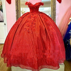 2024 Red Sweet 16 Dress Off The Shoulder Sequin Quinceanera Dresses 3d Floral