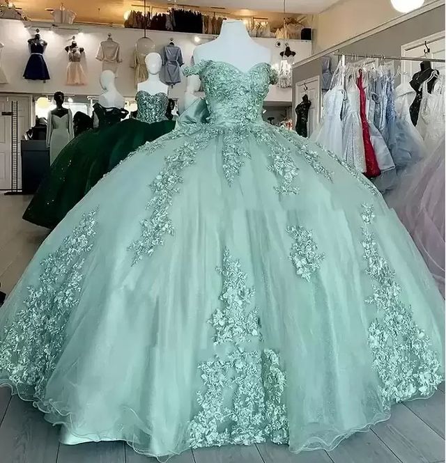 Ball Gown Sage Green Quinceanera Dresses Lace Applique Off the Shoulde ...
