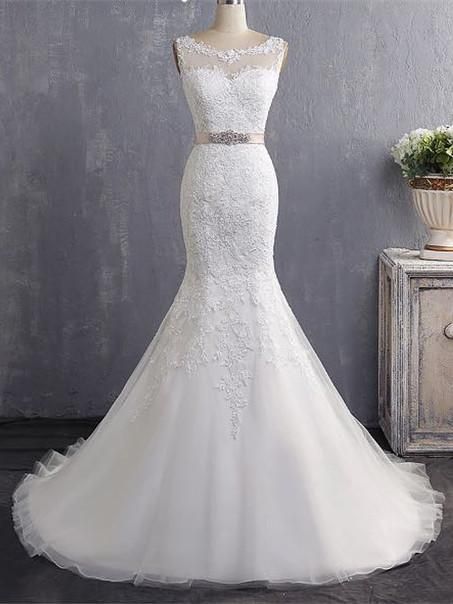 Bateau Neckline Mermaid Tulle Lace Wedding Dresses With Appliques MyChicDress