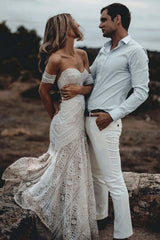 Beach Ivory Lace Wedding Dresses Long Mermaid Bridal Gown MyChicDress