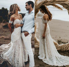 Beach Ivory Lace Wedding Dresses Long Mermaid Bridal Gown MyChicDress