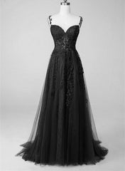 Black A-line 2024 Prom Dress Lace Applique Sweetheart Tulle Evening Dress UK MyChicDress