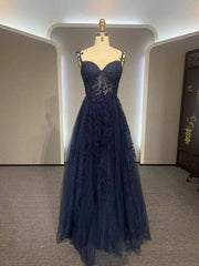 Black A-line 2024 Prom Dress Lace Applique Sweetheart Tulle Evening Dress UK MyChicDress