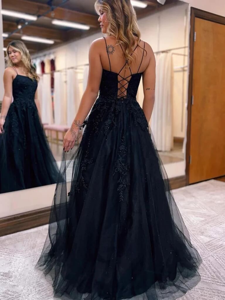 Black Lace 2024 Formal Dress UK Open Back Tulle Long Prom Dresses Cheap MyChicDress