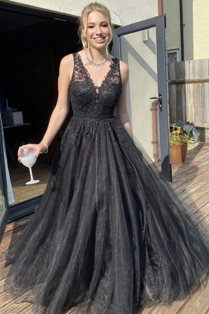 Black Lace Long PromDresses 2025 Tulle V Neck A Line Formal Dresses MyChicDress