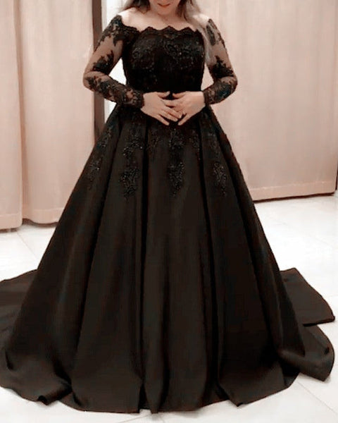 Black Long Sleeves Lace Prom Dresses Plus Size Satin Formal Evening Gown MyChicDress