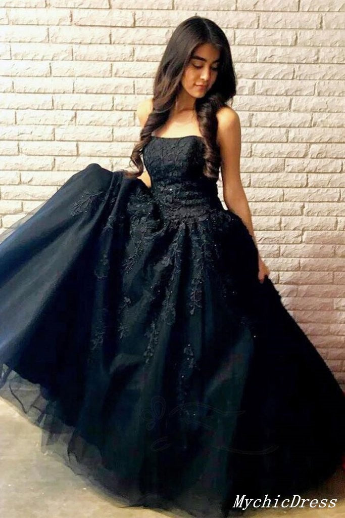 Black Prom Dresses 2025 A Line Strapless Long Lace Evening Dresses MyChicDress