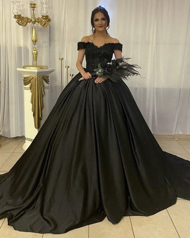 Black Wedding Dresses Gothic Ball Gown Off The Shoulder Bridal Dress US12 Custom Color