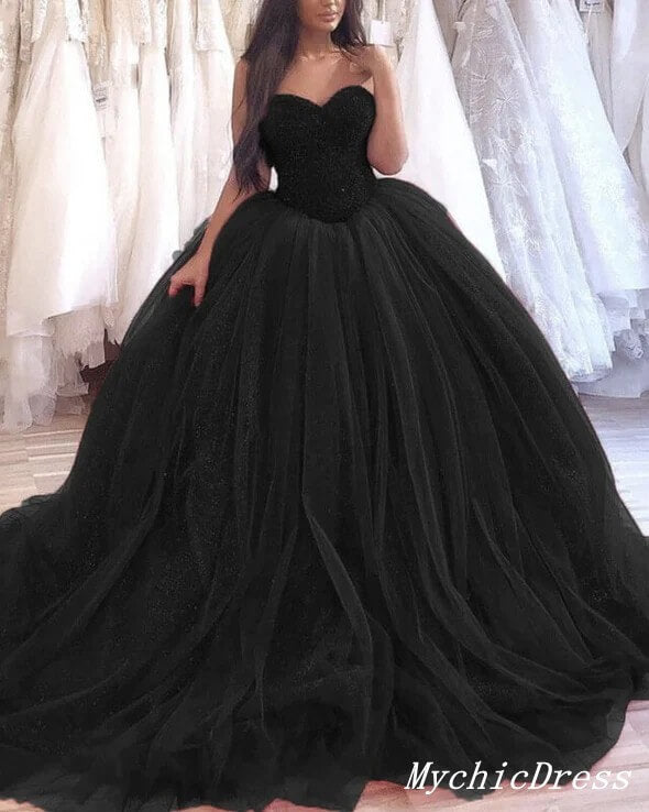 Black Wedding Dresses Gothic Ball Gown Sweetheart Tulle Bridal Dress MyChicDress