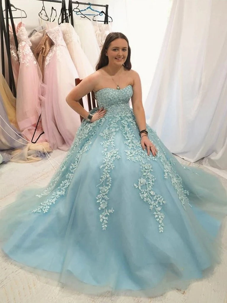 Blue Lace Prom Dresses Sweetheart Strapless Long Graduation Evening Dresses MyChicDress