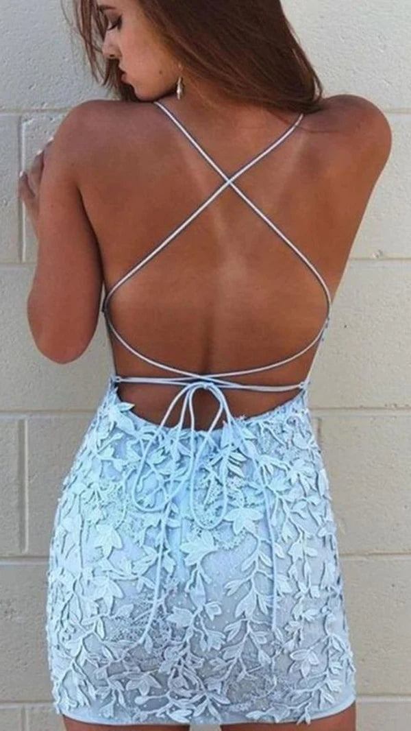 Blue Lace Short Homecoming Dresses Spaghetti Straps Cross Back MyChicDress