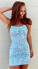 Blue Lace Short Homecoming Dresses Spaghetti Straps Cross Back MyChicDress