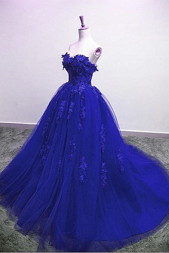 Blue Lace Floral Prom Dresses Tulle Applique Sweetheart Ball Gown Form