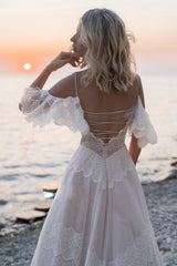 Bohemian Beach Champagne Wedding Dresses Boho Spaghetti Straps Backless MyChicDress