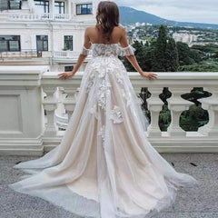 Bohemian Lace Wedding Dresses Tulle Illusion Applique Sweep Train Gown MyChicDress