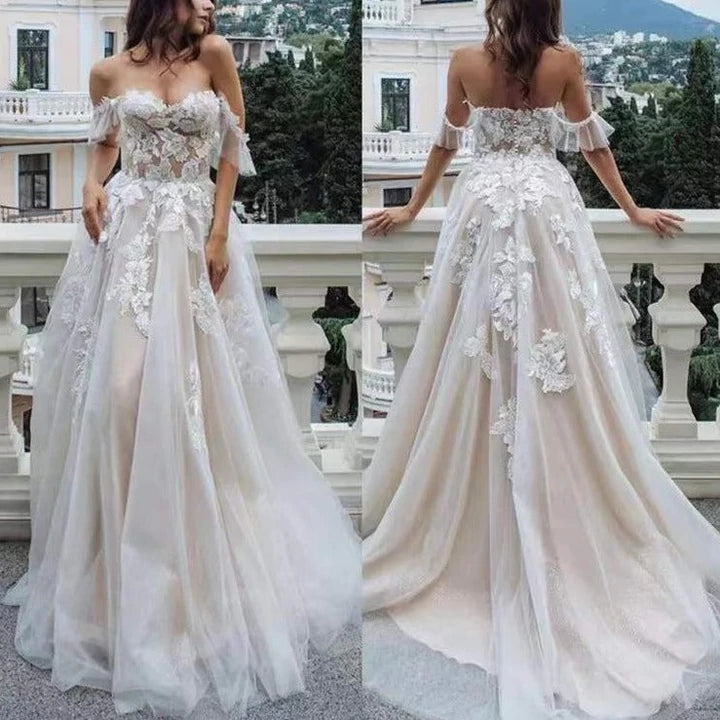 Bohemian Lace Wedding Dresses Tulle Illusion Applique Sweep Train Gown MyChicDress