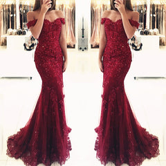 Burgundy Lace Prom Dresses Mermaid Appliques Off-the-shoulder - MyChicDress