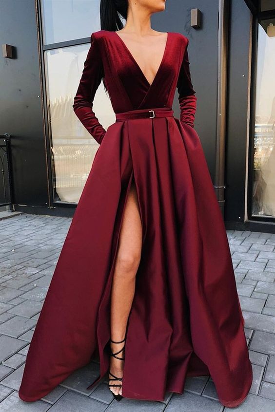 Burgundy Long Sleeves Prom Dresses 2025 with Pocket V Neck Evening Dresses MyChicDress