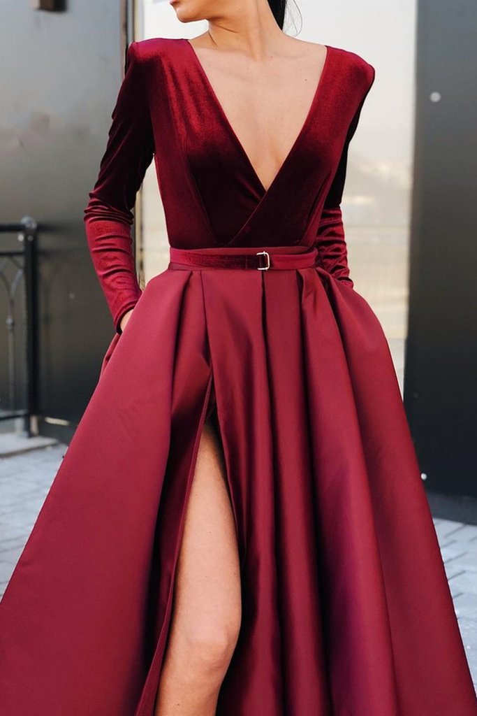 Burgundy Long Sleeves Prom Dresses 2025 with Pocket V Neck Evening Dresses MyChicDress