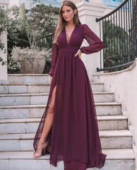 Burgundy Long Sleeves Wedding Guest Dresses Fall Chiffon V Neck MyChicDress