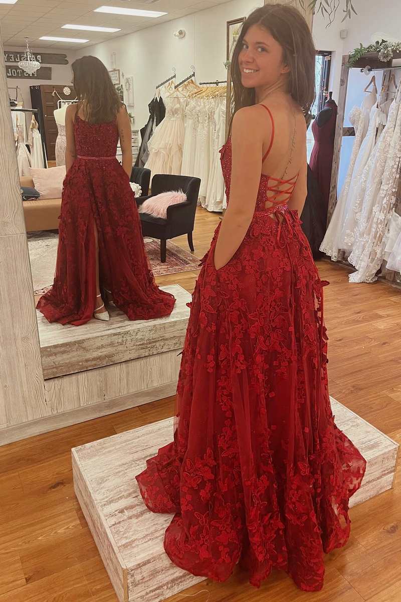 Burgundy Square Neck A-Line Prom Dresses Lace Appliques Formal Gown with Slit MyChicDress