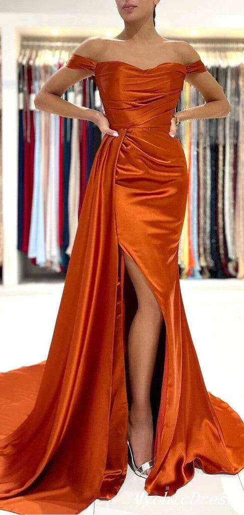 Burnt Orange Wedding Guest Dress Cheap Mermaid Off Shoulder Bridesmaid Dresses MyChicDress