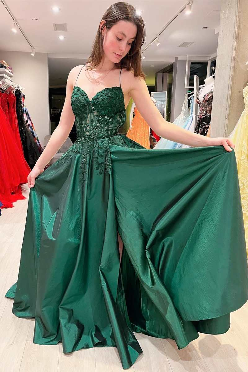 A-line Off Shoulder Dark Green Lace Long Evening Prom Dresses