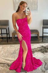 Cheap 2025 Sequin Mermaid Fuchsia Formal Dress Magenta Long Prom Dresses MyChicDress