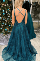 Cheap A-Line Teal Prom Dress 2025 Long Spaghetti Straps Glitter Formal Dress MyChicDress