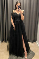 Cheap Black Lace Long Prom Dress V Neck Backless Tulle Formal Dress with Slit MyChicDress