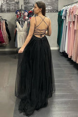 Cheap Black Lace Long Prom Dress V Neck Backless Tulle Formal Dress with Slit MyChicDress