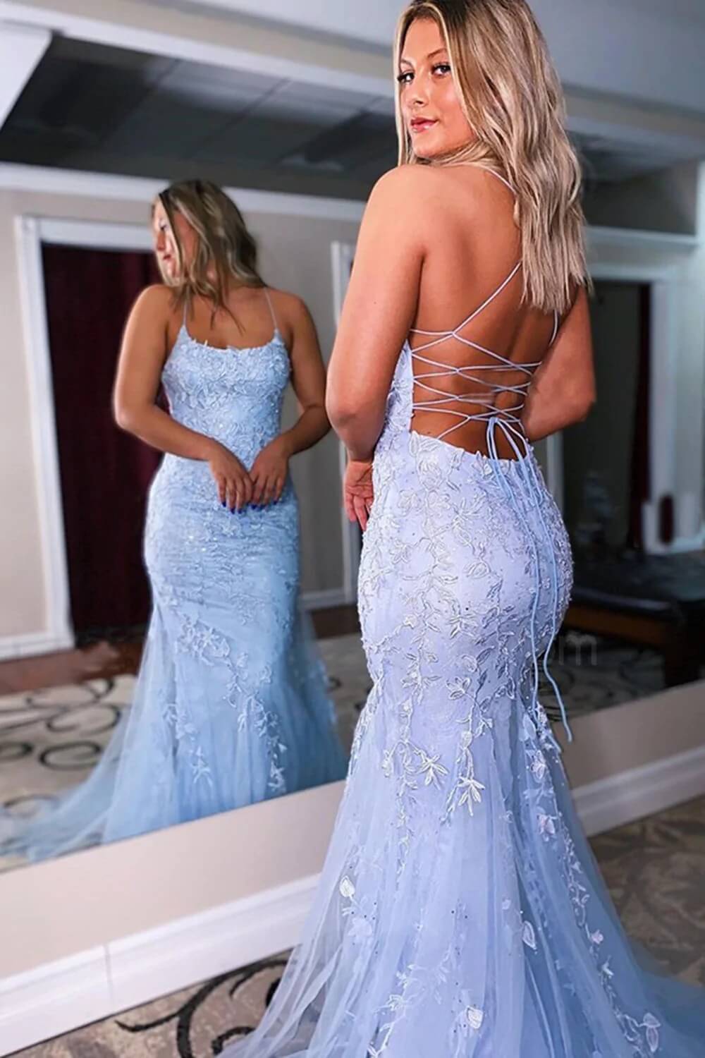 Cheap Blue Lace Pron Dresses Croset 2025 Mermaid Evening Dress MyChicDress