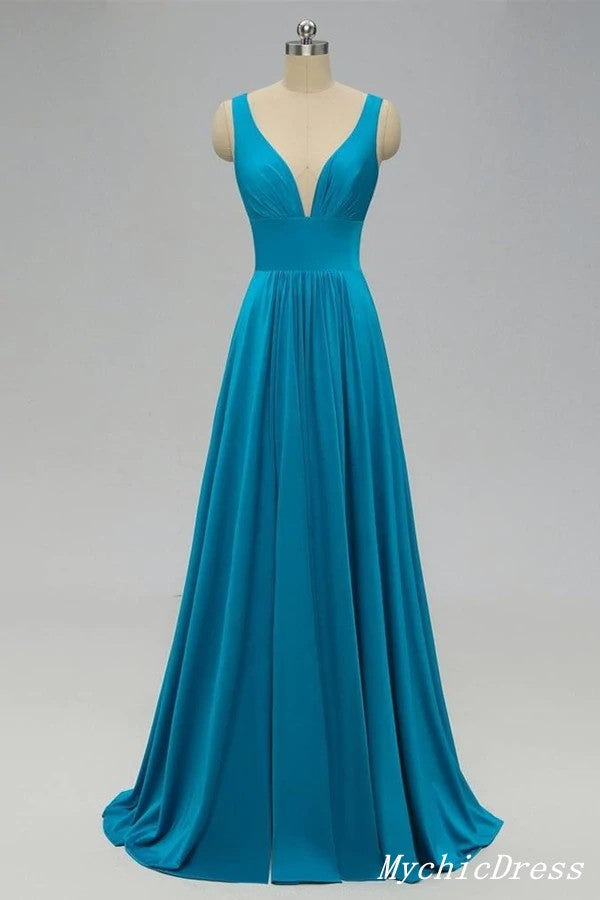 Cheap Blue Long Chiffon Bridesmaid Dresses V Neck with Split MyChicDress