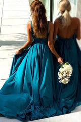 Cheap Blue Long Chiffon Bridesmaid Dresses V Neck with Split MyChicDress