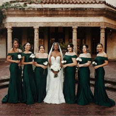 Cheap Dark Green Bridesmaid Dresses Off Shoulder Long Wedding Party Dress MyChicDress