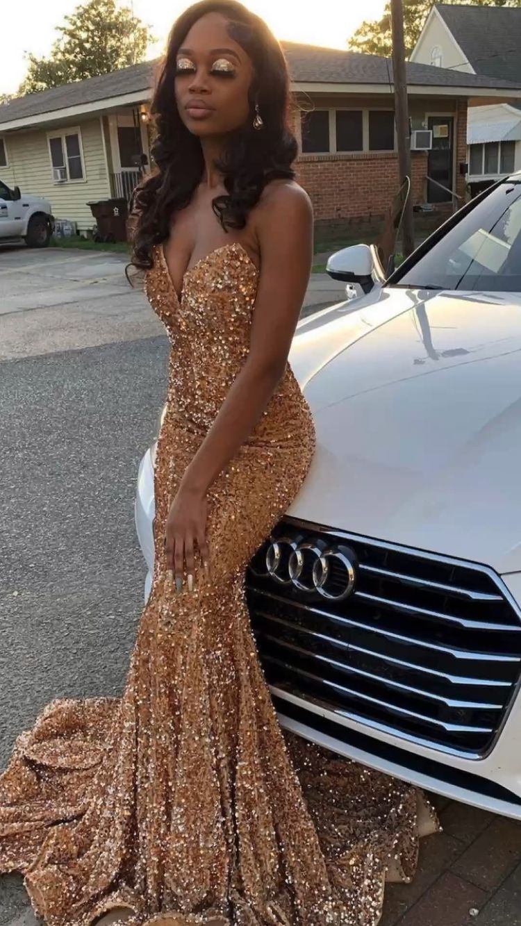 Cheap Gold Sequin Iridescent Prom Dresses 2025 Strapless Long Formal Dress MyChicDress